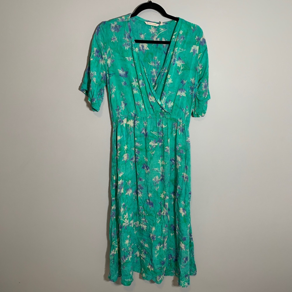 Soft‎ Surroundings Floral Faux Wrap Midi Dress Teal Bloom Short Sleeve Medium